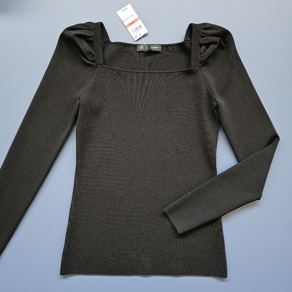 NWT INC ribbed puff sleeves square neck black top size xs